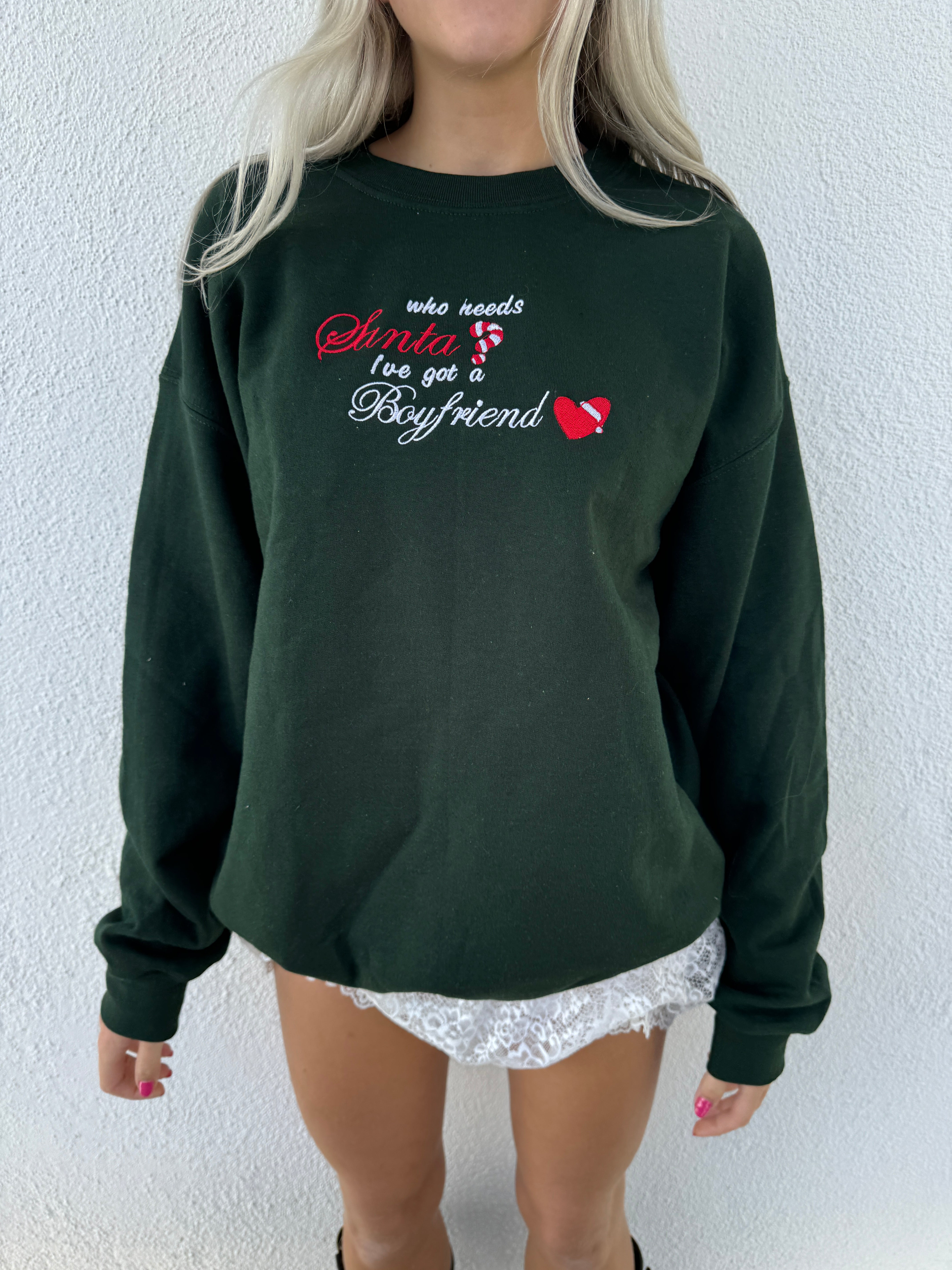 "i don't need santa" embroidered crewneck sweatshirt