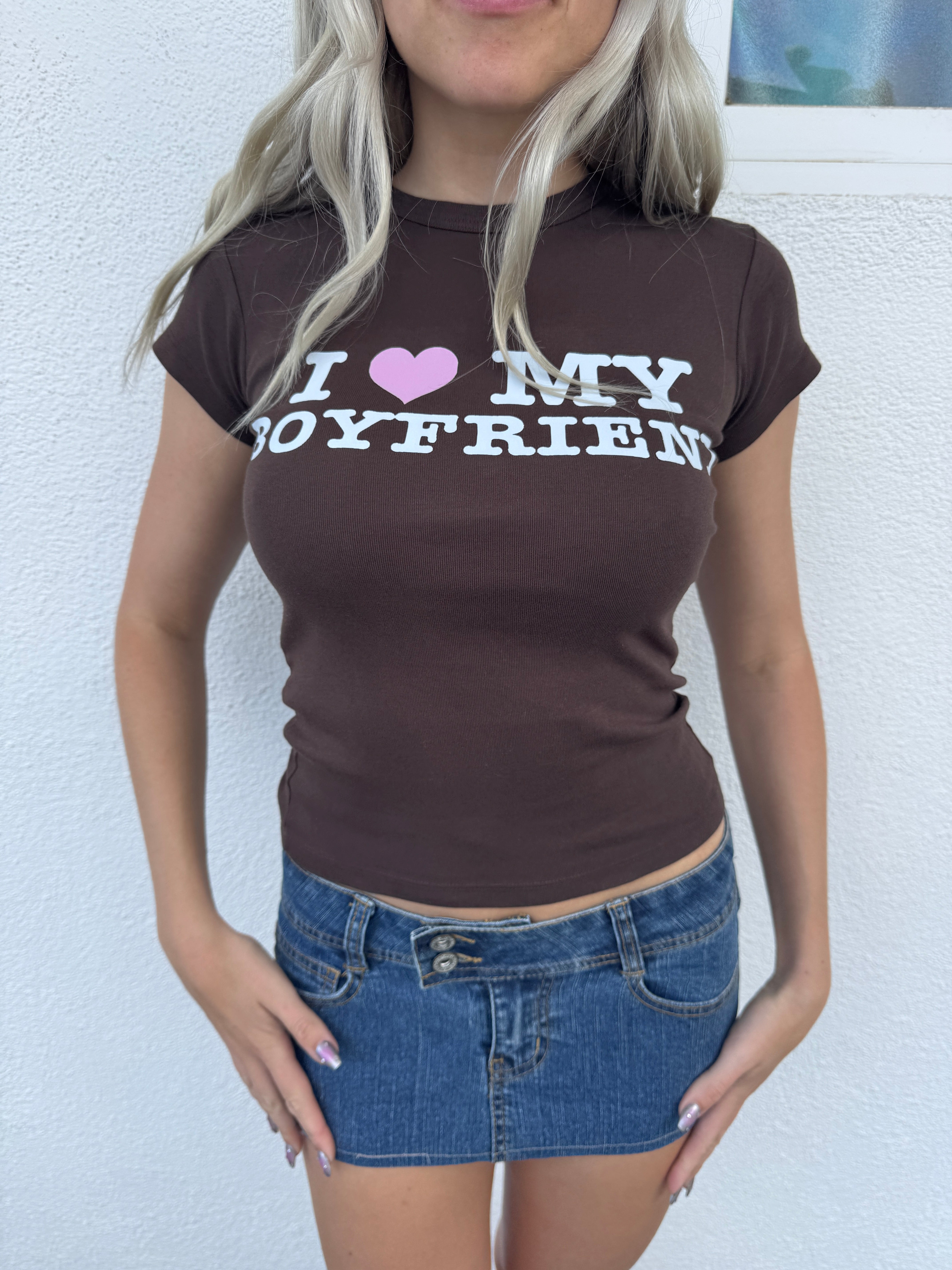 I LOVE MY BOYFRIEND Longer Baby Tee (Brown)