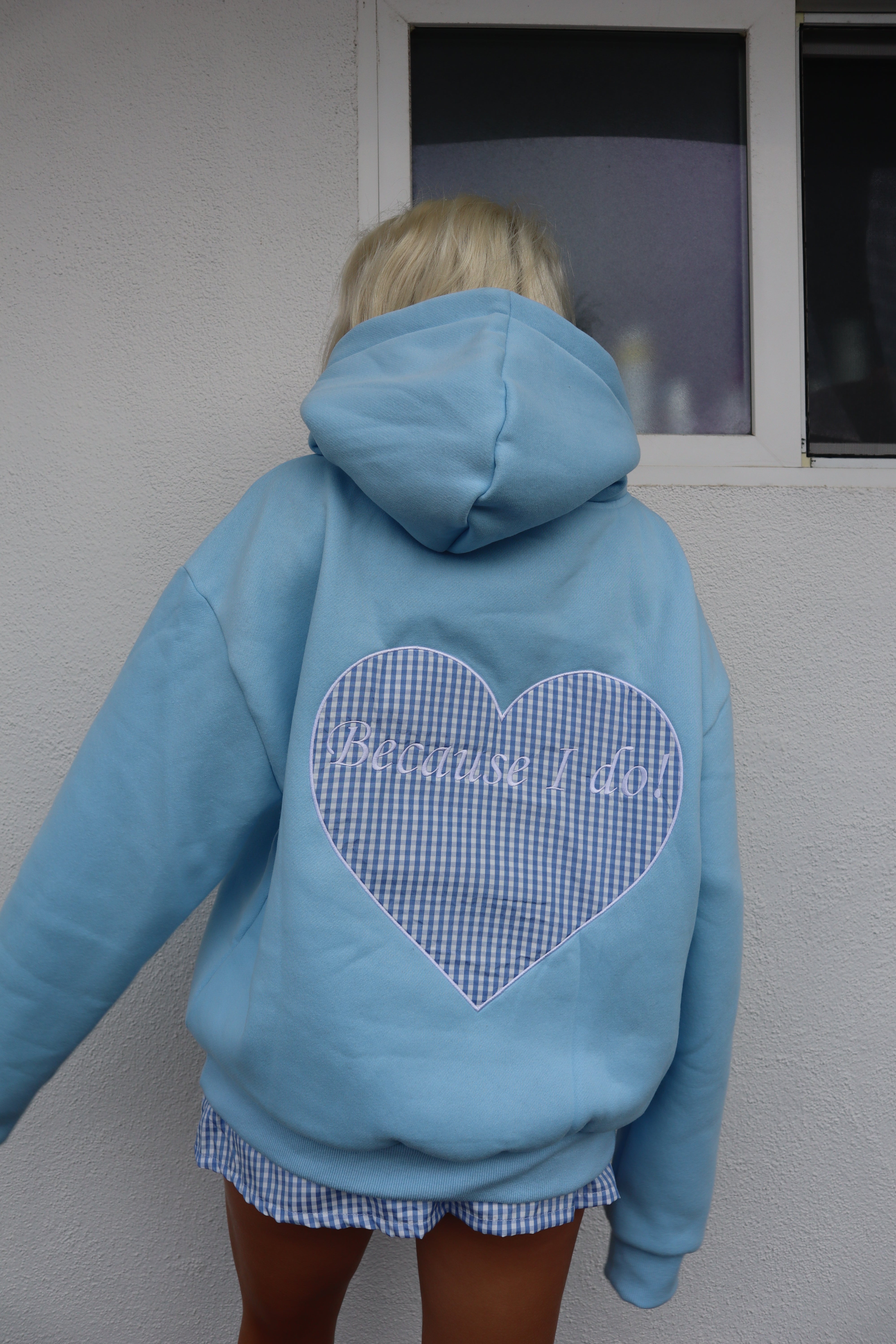 baby blue gingham "because I do" hoodie